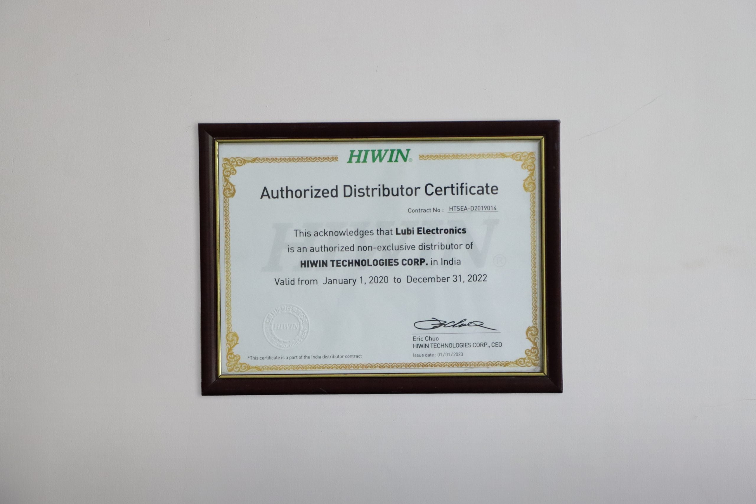 Authorized Distributor Certificate from HIWIN
