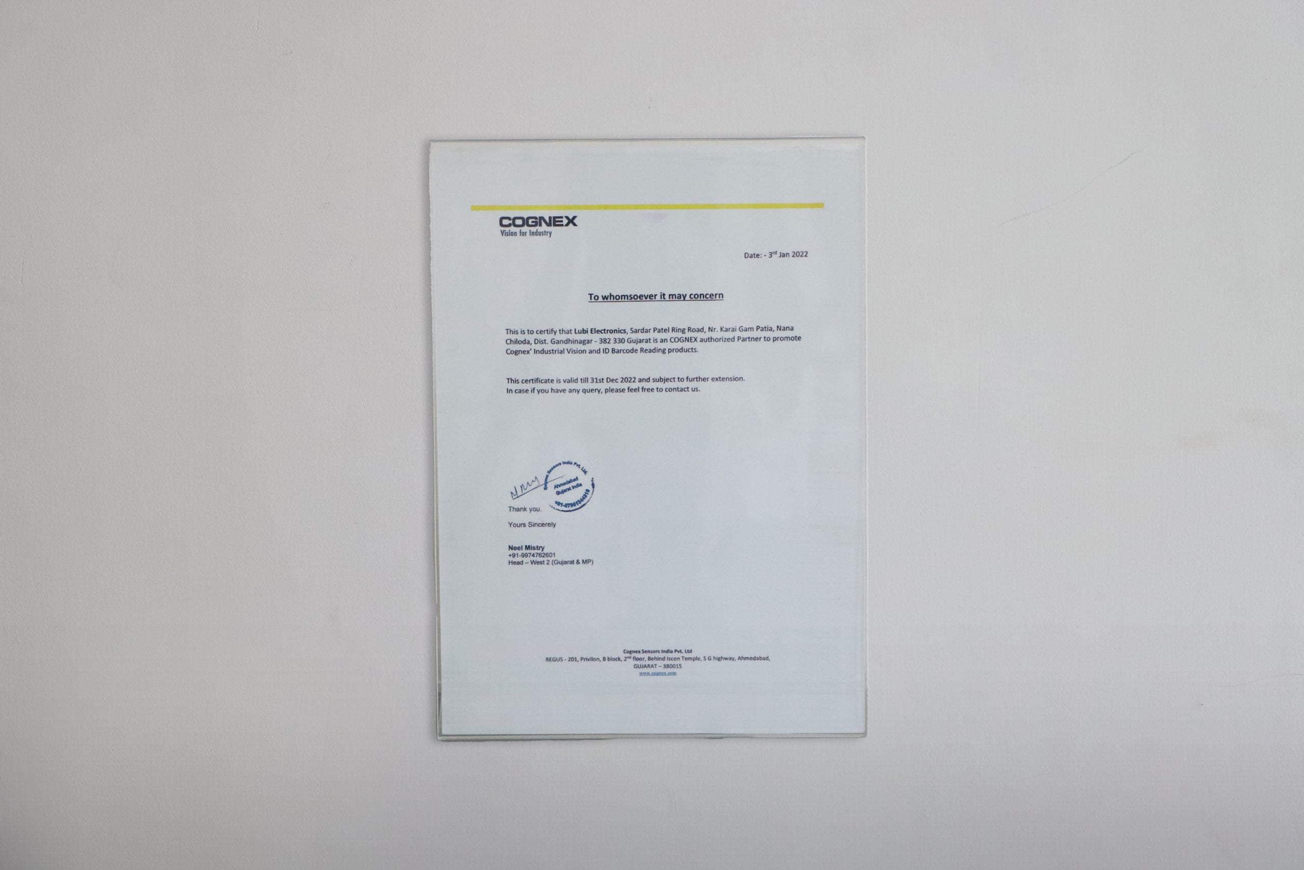 Authorised Partner Certificate from Cognex