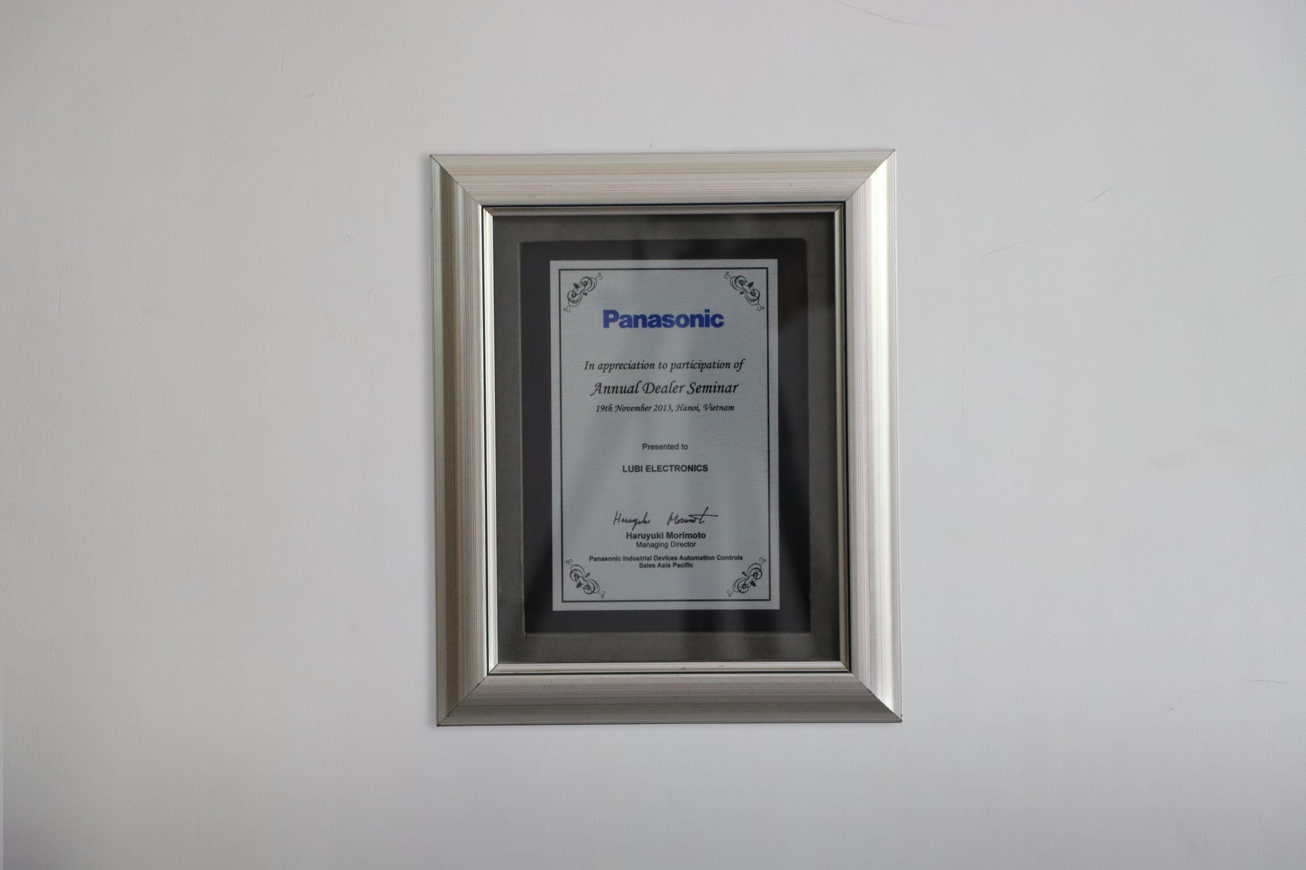 Appreciation Certificate from Panasonic